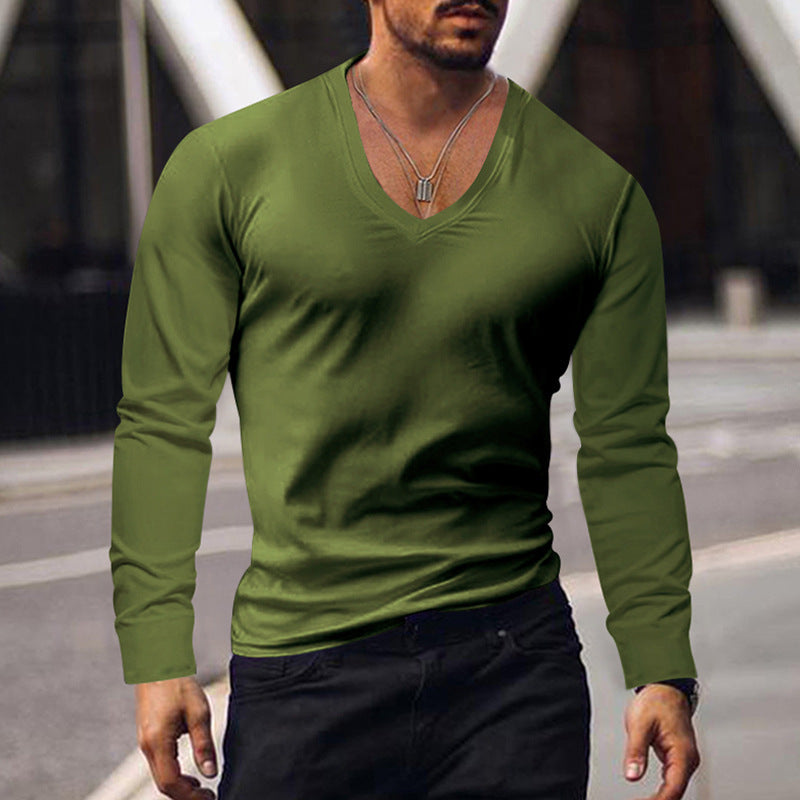 Men's Summer Long-sleeve Top Bottoming Shirt V-neck T-shirt